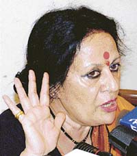 Famous classical dancer and former chairperson of the Sangeet Natak Akademi Sonal Mansingh addresses a press conference at the Press Club in New Delhi on Tuesday. 