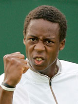 Gael Monfils of France reacts after defeating Noam Okun of Israel in the first round of Wimbledon 