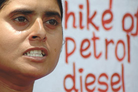 An enraged activist of Socialist Unity Centre of India protesting against the recent price hike in petroleum products in the Capital on Wednesday