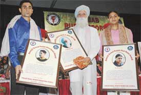 Hockey star Prabhjot Singh, veteran writer Jaswant Singh Kanwal and athlete Manjeet Kaur were honoured by the Punjab Rural Sports Promotion Council at a function organised in Ludhiana on Wednesday