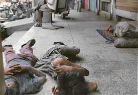 Street urchins enjoy a nap unmindful of summer heat in Bhadaur House on Thursday afternoon in Ludhiana