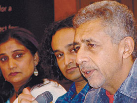 Noted actor Naseeruddin Shah along with members of his group Seema Pawa and Jamil Khan addressing a press conference on Katha College, a series of three classic tales in Hindi which will begin on June 25 in Delhi with the support of India Foundation for the Arts, in the Capital on Friday.