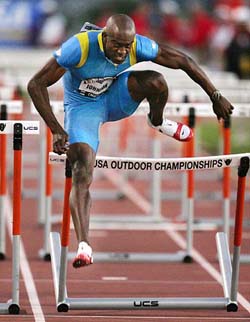 Allen Johnson crosses the last hurdle during the the mens 110m hurdles final at the US championships at Home Depot Centre in Carson, California