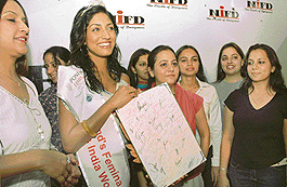 Femina Miss India work 2005 Sindhura Gadde interacts with the students of the NIFD of Chandigarh on Sunday.