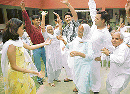 Inmates have fun with participants at the conclusion of a two month course in 'Geriatric Care' at the Old Age Home in Sector 15, Chandigarh, on Saturday. 