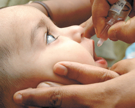 A child is administered polio drops by a doctor at a Health Centre in the Capital on Sunday as part of an on-going drive.