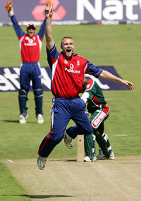 Englands Andrew Flintoff appeals unsuccessfully for the wicket of Bangladeshs Javed Omar Belim during their triangular series one-day international match at Headingley in Leeds