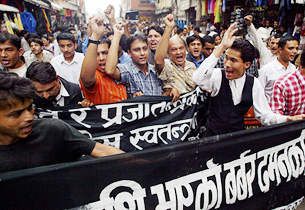 Nepalese journalists rally to demand complete Press freedom at Bhotahiti in Kathmandu on Sunday.
