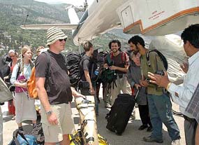 The first batch of tourists waiting to board a helicopter at Rekong Peo, Kinnaur, on Tuesday.