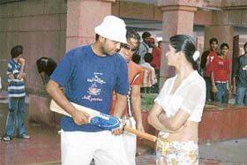 Video album director Navraj Raja directs dance artistes during the shooting of a Punjabi song sung by Saberkoti in Mohali