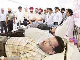 Donors at the blood donation camp organised by the Institute of Chartered Accountants of India in Ludhiana on Friday.
