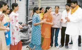 Members of Rameshwar Welfare Trust greet Mr Dimpal Rana, chief guest, during a seminar on AIDS organised by the trust in Ludhiana.