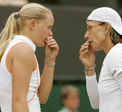 Martina Navratilova of the US talks to Germany's Anna-Lena Groenefeld