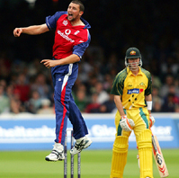 Englands Stephen Harmison rejoices on dismissing Australias Damien Martyn during the triangular series final at Lords on Saturday