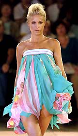 A model presents a Rosa Cha creation at Sao Paulo Fashion Week in Sao Paulo