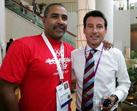 British decathlete Daley Thompson with Londons bid leader and former Olympic champion Sebastian Coe in Singapore on Monday