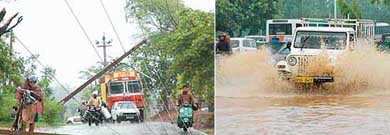Vehicles stranded on the Sarangpur-Mullanpur road as an electric pole falls due to heavy rain on Tuesday; and vehicles move at a snails pace on a flooded road in Chandigarh