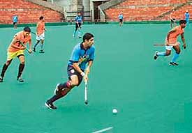 Indian hockey probables during a practice session at the Sector 42 hockey stadium in Chandigarh on Tuesday