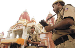 Delhi Police security personnel keeping a vigil at Birla temple during the Red Alert sounded after the militant attack in Ayodhya in the Capital on Tuesday.