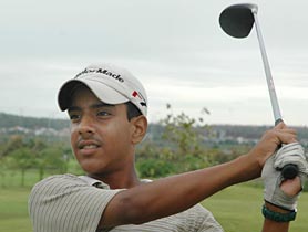 Rahul Bakshi tees-off the ball in the Chandigarh national junior and sub junior golf tournament at the Panchkula Golf Club, Sector 3, on Wednesday. 