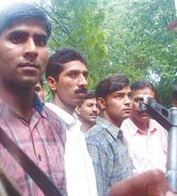 Joginder Kumar, Ajeetraj and Bishanlal of Jammu, who were involved in smuggling and delivery of explosive material used in the blasts at Satyam and Liberty cinemas, arrested by the Delhi Police Special Cell in the Capital on Wednesday. 