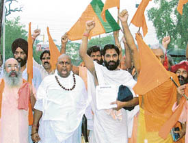 The Sangh Parivar leaders take out a procession in Ludhiana on Wednesday to protest against the terrorist attack on Ram temple in Ayodhya. 