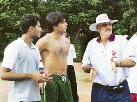 Legendary speedster Dennis Lillee  with Pakistani pacers Mohammad Khalil (left) and Mohammad Asif at the MRF Pace Foundation in Chennai