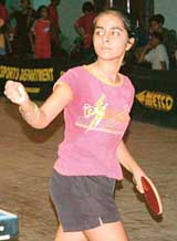 Barbie Nagpal in action during her match during the State table tennis tournament at the 11th Bhavan Vidyalaya, Sector 23, Chandigarh, on Saturday