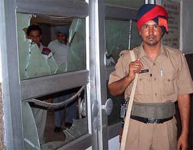 A policeman stands outside the Civil Hospital, Bathinda, after a violent clash in its emergency ward on Friday night