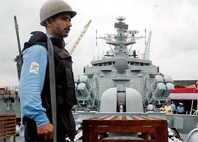 The Naval staff being deployed for a strict vigil on the deck of the INS Beas, guided missile frigate, at Gardenreach Shipbuilders in Kolkata