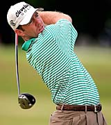 Australias Rodney Pampling watches his drive during a practice round for the British Open Championship in St Andrews on Sunday. The 134th British Open will be played from July 14-17.