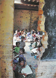 Children studying in a dilapidated room in Government Elementary School, Ludhiana