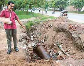 Sunil Tazrana shows the spot where he was injured in Sector 46 in Chandigarh on Tuesday