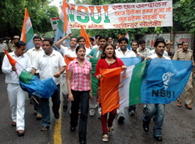 NSUI activists march in a demonstration at DUs north campus demanding a CBI enquiry into the alleged scam in CEE results in the Capital