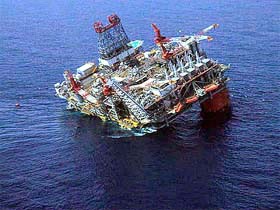 The Thunder Horse Facility in the Gulf of Mexico is seen leaning to one side following Hurricane Dennis