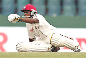 West Indies Shivnarine Chanderpaul falls on the pitch during the first days play of the first Test against Sri Lanka in Colombo on Wednesday