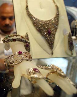 Diamond jewellery on display in a stall at the India international jewellery show in Bombay on Thursday