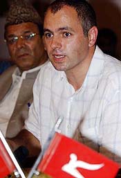 National Conference President Omar Abdullah addresses a press conference in Srinagar on Thursday