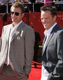 Andy Roddick of the USA shares a laugh with show host Matthew Perry as they arrive for the 13th Annual ESPY Awards in the Hollywood area of Los Angeles on Wednesday