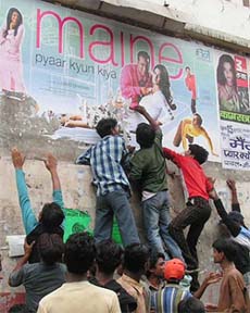 Bajrang Dal and VHP activists tearing off the posters of Salman Khan's newly released film