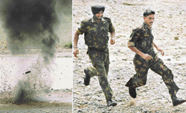 Bombs found in Panchkula being detonated near the Ghaggar on Sunday; and members of the Armys bomb disposal unit dash to safety.