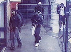 A police handout photograph dated July 7, 2005, shows the four London bombers Hasib Hussain (left), Germaine Lindsay (second from left), Mohammed Sidique Khan (2nd R), and Shahzad Tanweer (R) at Luton train station at approximately 7.20 am, July 7, 2005. British police know that the four travelled from Luton to Kings Cross in London on a Thameslink train prior to detonating their bombs around the capital.