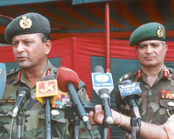Lieut-Gen hari Prasad, GOC-in-C, Northern Command, talks to media persons at Jammu on Monday. Also seen in the picture is major-Gen Vinay sharma, GOC of the tiger division.
