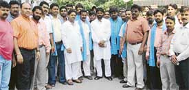 Functionaries of the Dr Ambedkar Sangharsh Morcha, who quit their party to join the Bhartiya Valmiki Dharam Samaj, being welcomed by national organiser Vijay Danav in Ludhiana on Monday