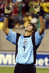 Panamas goalkeeper Jaime Penedo celebrates after blocking a shot during the penalty shootout in their CONCACAF Gold Cup quarterfinal soccer match against South Africa in Houston