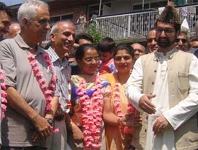 All-Party Hurriyat Conference leader Mirwaiz Umar Farooq along with members of the Pandit Community in Srinagar
