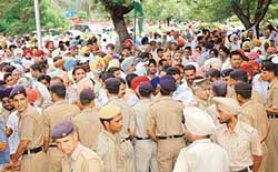 Heavy rush of Congress supporters outside the venue of the installation ceremony of PPCC President Shamsher Singh Dullo in Chandigarh on Wednesday. 
