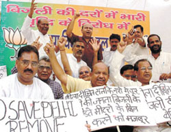 Leader of Opposition in Delhi Legislative Assembly Dr Jagdish Mukhi leads a dharna of BJP MLAs to protest against the tariff hike in water and electricity in the Capital on Thursday. 