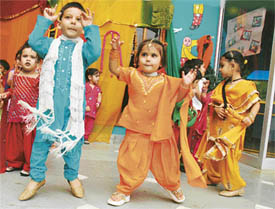 Students of SIPS celebrate Teej in the school in Ludhiana on Thursday