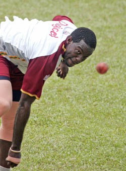 West Indies Jermaine Lawson bowls during a training session in Kandy, Sri Lanka